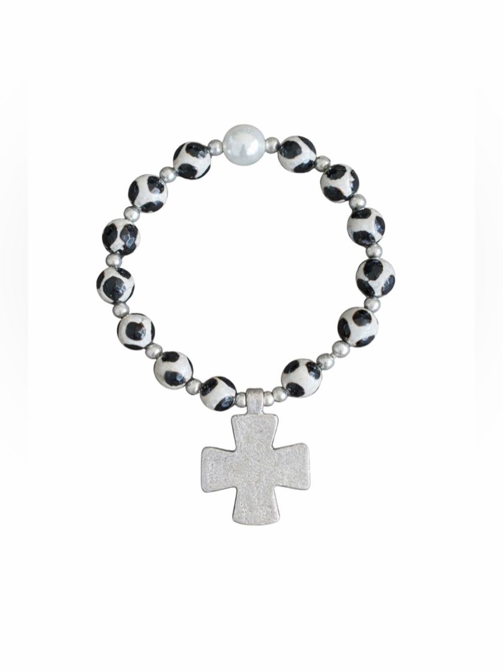 Dalmatian Stone Beaded Bracelet w/ Silver Cross Charm | 7 - 7.5 CIRCUMFERENCE